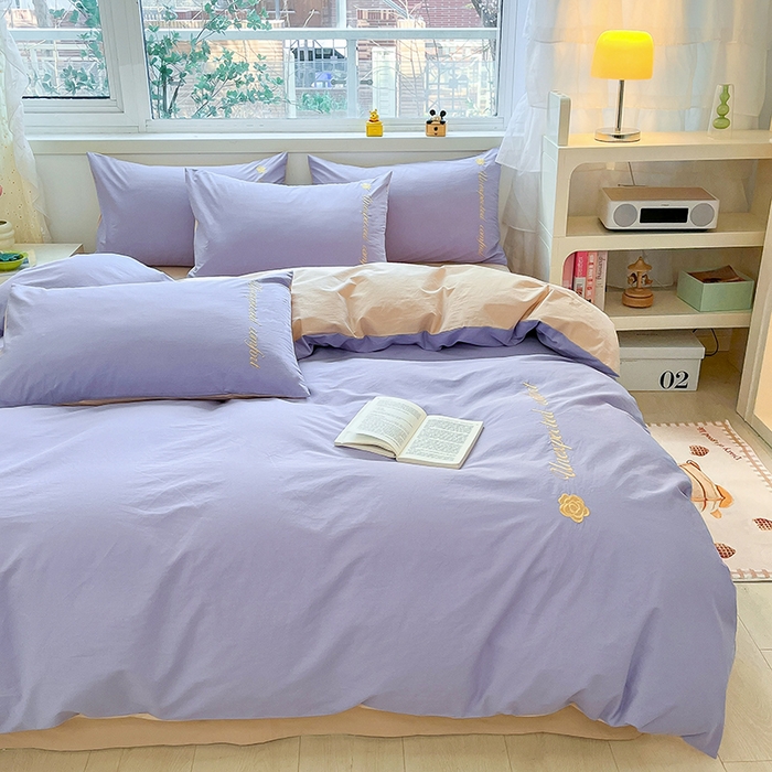 91家纺网 家纺一手货源 找家纺 禧澜庭 2026新款纯棉全棉斜纹四件套刺绣绣花款春小清新三件套-幸运花 幸运花-香芋紫+卡其