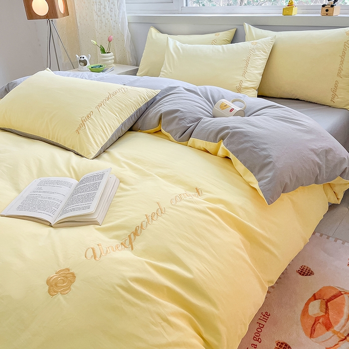 91家纺网 家纺一手货源 找家纺 禧澜庭 2026新款纯棉全棉斜纹四件套刺绣绣花款春小清新三件套-幸运花 幸运花-芝士黄+中灰