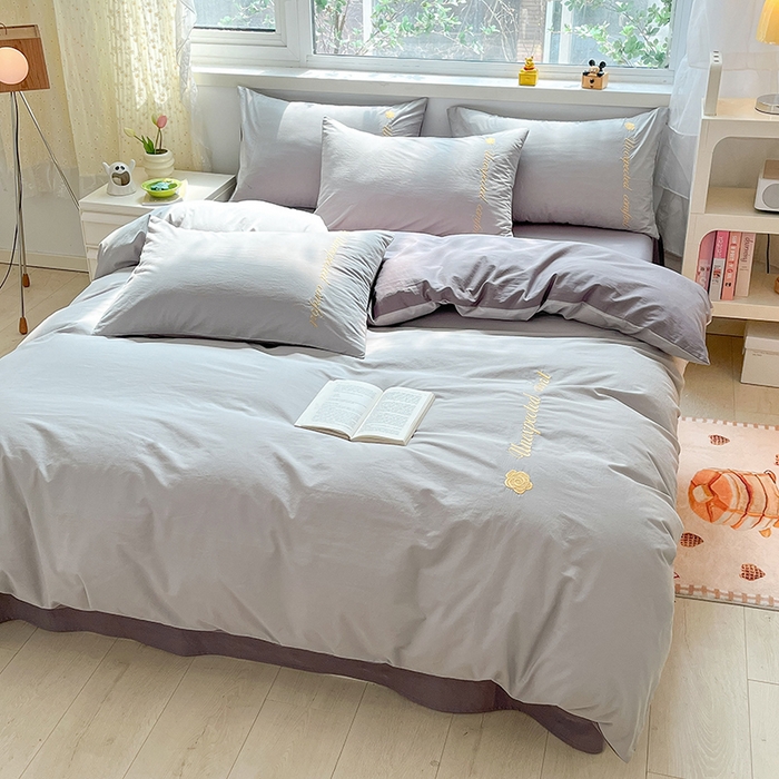 91家纺网 家纺一手货源 找家纺 禧澜庭 2026新款纯棉全棉斜纹四件套刺绣绣花款春小清新三件套-幸运花 幸运花-冰川灰+中灰