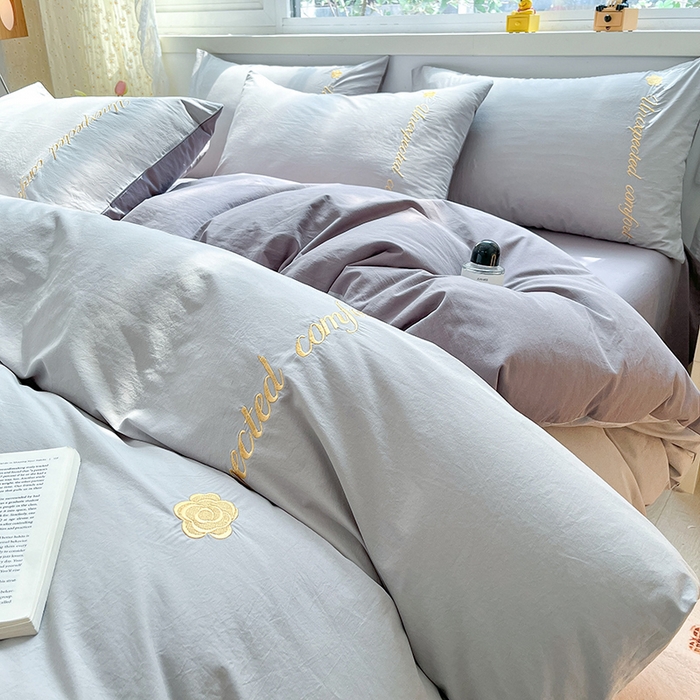 91家纺网 家纺一手货源 找家纺 禧澜庭 2026新款纯棉全棉斜纹四件套刺绣绣花款春小清新三件套-幸运花 幸运花-冰川灰+中灰