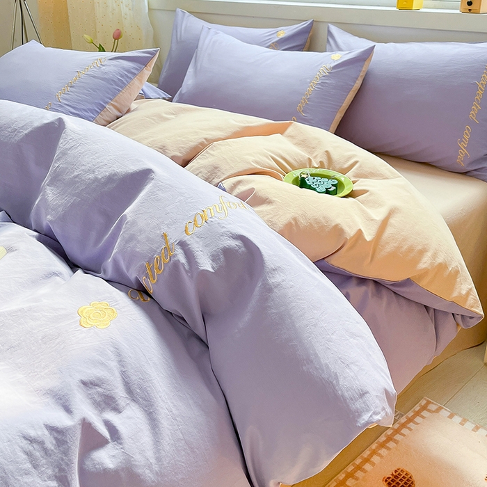 禧澜庭 2026新款纯棉全棉斜纹四件套刺绣绣花款春小清新三件套-幸运花 幸运花-香芋紫+卡其