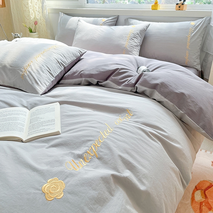 91家纺网 家纺一手货源 找家纺 禧澜庭 2026新款纯棉全棉斜纹四件套刺绣绣花款春小清新三件套-幸运花 幸运花-冰川灰+中灰