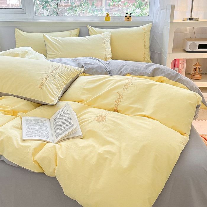 91家纺网 家纺一手货源 找家纺 禧澜庭 2026新款纯棉全棉斜纹四件套刺绣绣花款春小清新三件套-幸运花 幸运花-芝士黄+中灰