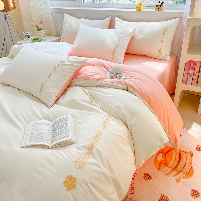 91家纺网 家纺一手货源 找家纺 禧澜庭 2026新款纯棉全棉斜纹四件套刺绣绣花款春小清新三件套-幸运花 幸运花-奶昔白+玉色