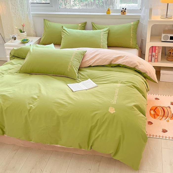 91家纺网 家纺一手货源 找家纺 禧澜庭 2026新款纯棉全棉斜纹四件套刺绣绣花款春小清新三件套-幸运花 幸运花-嫩芽绿+卡其