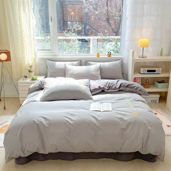 91家纺网 家纺一手货源 找家纺 禧澜庭 2026新款纯棉全棉斜纹四件套刺绣绣花款春小清新三件套-幸运花 幸运花-冰川灰+中灰