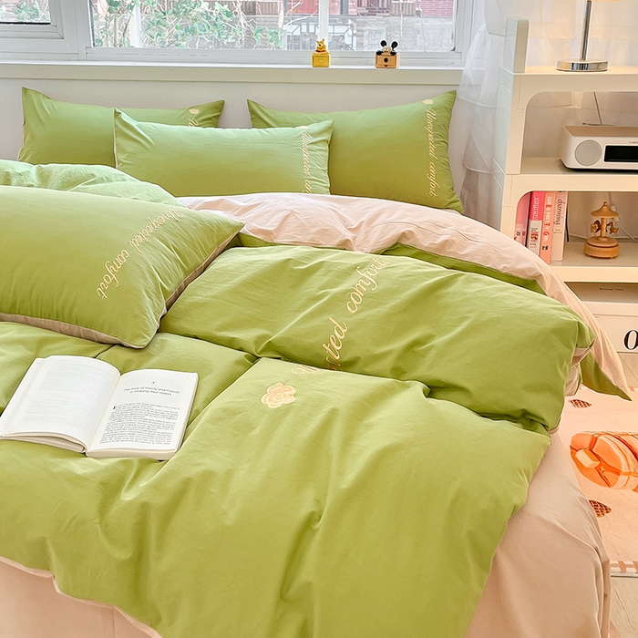 91家纺网 家纺一手货源 找家纺 禧澜庭 2026新款纯棉全棉斜纹四件套刺绣绣花款春小清新三件套-幸运花 幸运花-嫩芽绿+卡其