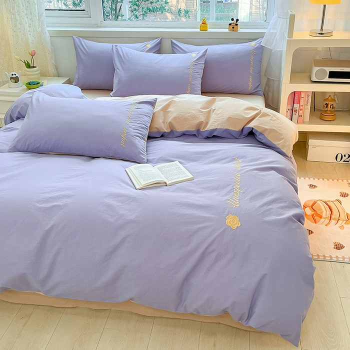 91家纺网 家纺一手货源 找家纺 禧澜庭 2026新款纯棉全棉斜纹四件套刺绣绣花款春小清新三件套-幸运花 幸运花-香芋紫+卡其