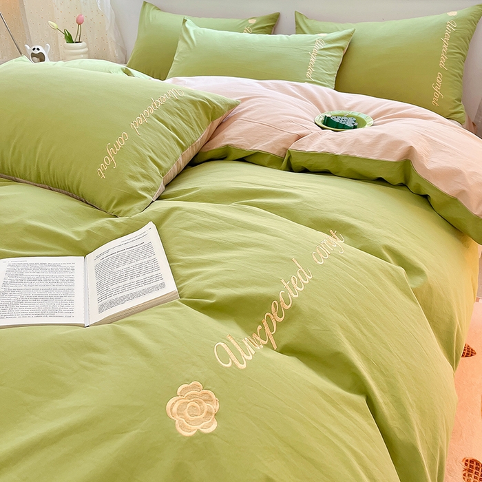 91家纺网 家纺一手货源 找家纺 禧澜庭 2026新款纯棉全棉斜纹四件套刺绣绣花款春小清新三件套-幸运花 幸运花-嫩芽绿+卡其