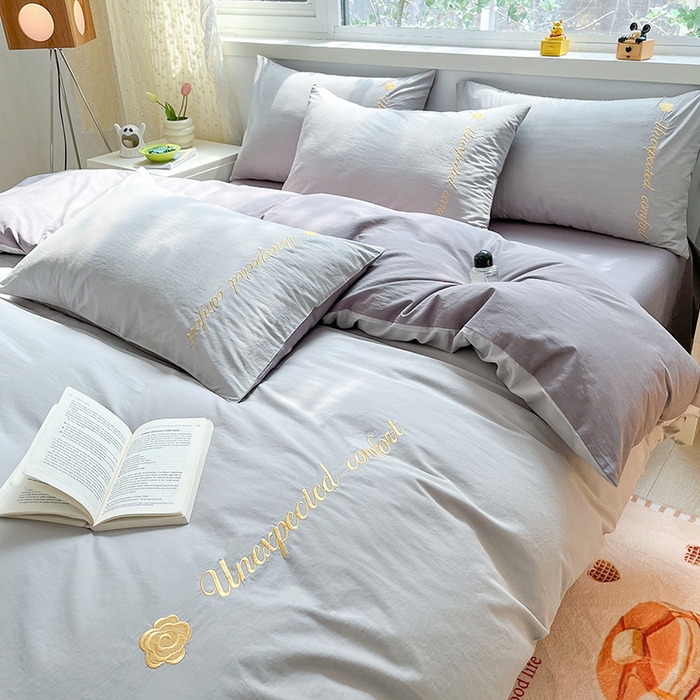 91家纺网 家纺一手货源 找家纺 禧澜庭 2026新款纯棉全棉斜纹四件套刺绣绣花款春小清新三件套-幸运花 幸运花-冰川灰+中灰