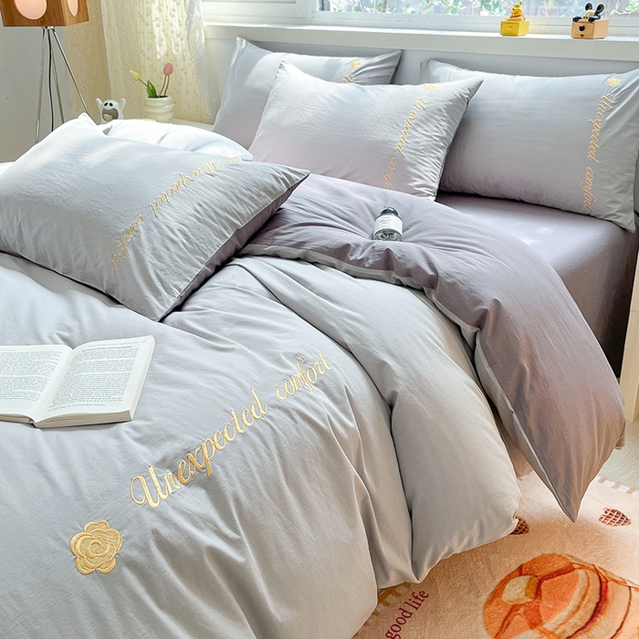 91家纺网 家纺一手货源 找家纺 禧澜庭 2026新款纯棉全棉斜纹四件套刺绣绣花款春小清新三件套-幸运花 幸运花-冰川灰+中灰