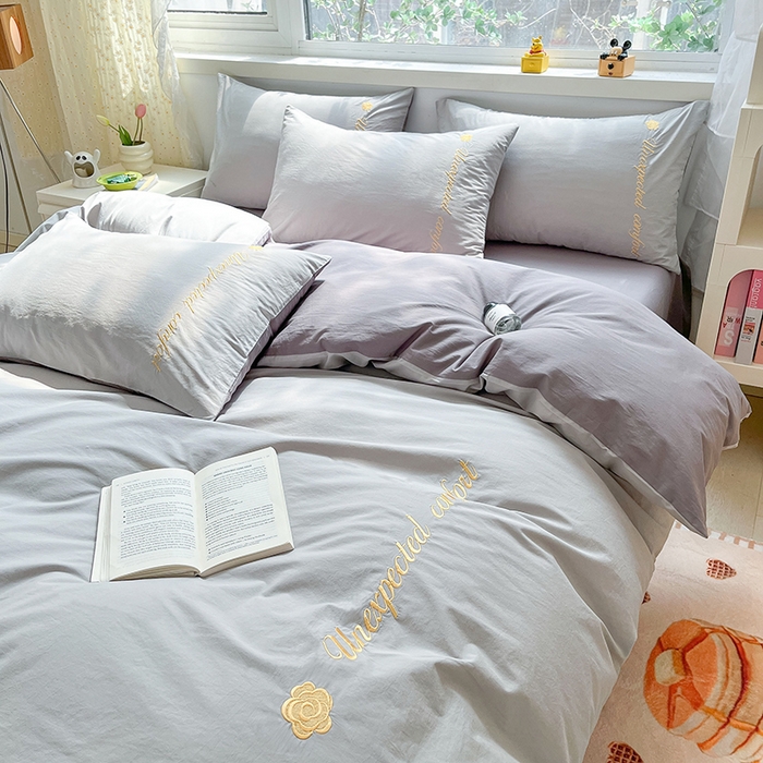 91家纺网 家纺一手货源 找家纺 禧澜庭 2026新款纯棉全棉斜纹四件套刺绣绣花款春小清新三件套-幸运花 幸运花-冰川灰+中灰