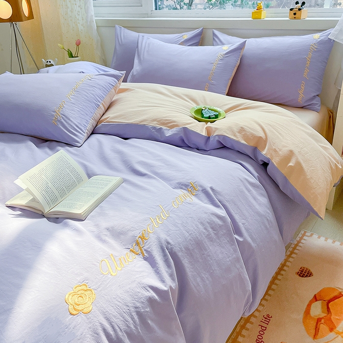 91家纺网 家纺一手货源 找家纺 禧澜庭 2026新款纯棉全棉斜纹四件套刺绣绣花款春小清新三件套-幸运花 幸运花-香芋紫+卡其