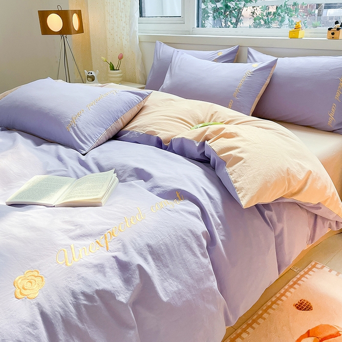 91家纺网 家纺一手货源 找家纺 禧澜庭 2026新款纯棉全棉斜纹四件套刺绣绣花款春小清新三件套-幸运花 幸运花-香芋紫+卡其