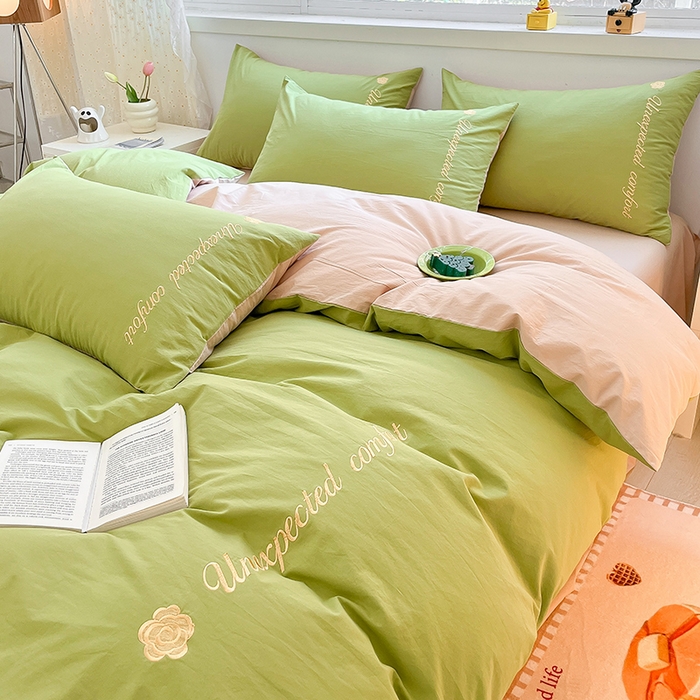 91家纺网 家纺一手货源 找家纺 禧澜庭 2026新款纯棉全棉斜纹四件套刺绣绣花款春小清新三件套-幸运花 幸运花-嫩芽绿+卡其