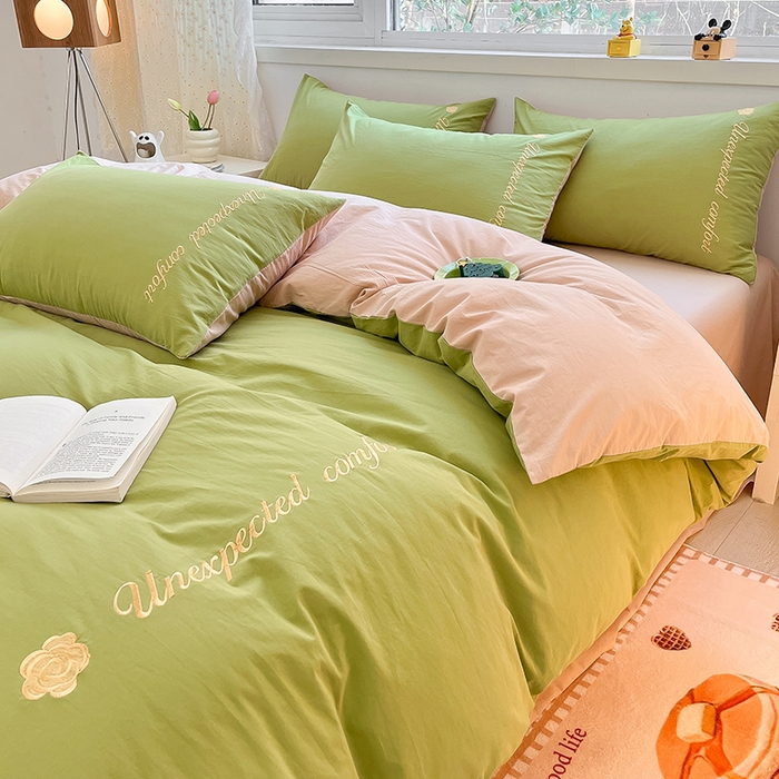 91家纺网 家纺一手货源 找家纺 禧澜庭 2026新款纯棉全棉斜纹四件套刺绣绣花款春小清新三件套-幸运花 幸运花-嫩芽绿+卡其