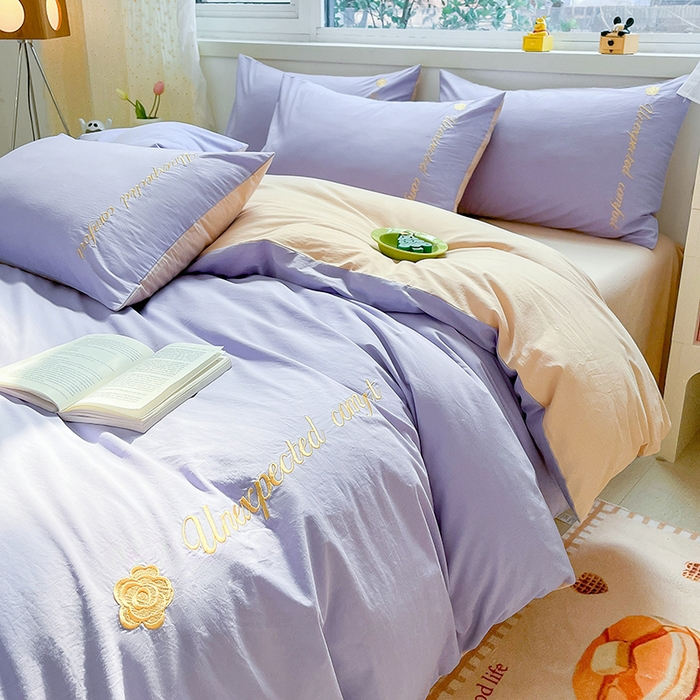 91家纺网 家纺一手货源 找家纺 禧澜庭 2026新款纯棉全棉斜纹四件套刺绣绣花款春小清新三件套-幸运花 幸运花-香芋紫+卡其