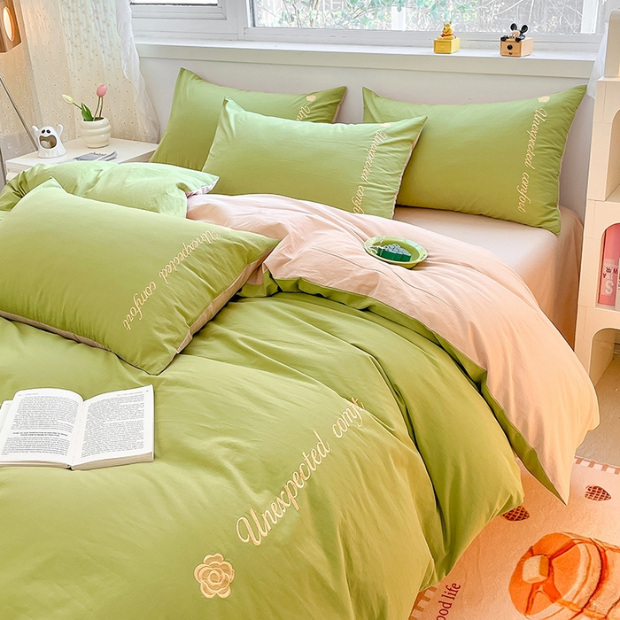 91家纺网 家纺一手货源 找家纺 禧澜庭 2026新款纯棉全棉斜纹四件套刺绣绣花款春小清新三件套-幸运花 幸运花-嫩芽绿+卡其