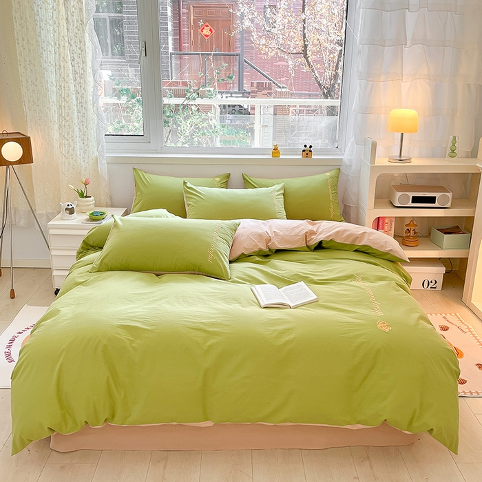 91家纺网 家纺一手货源 找家纺 禧澜庭 2026新款纯棉全棉斜纹四件套刺绣绣花款春小清新三件套-幸运花 幸运花-嫩芽绿+卡其