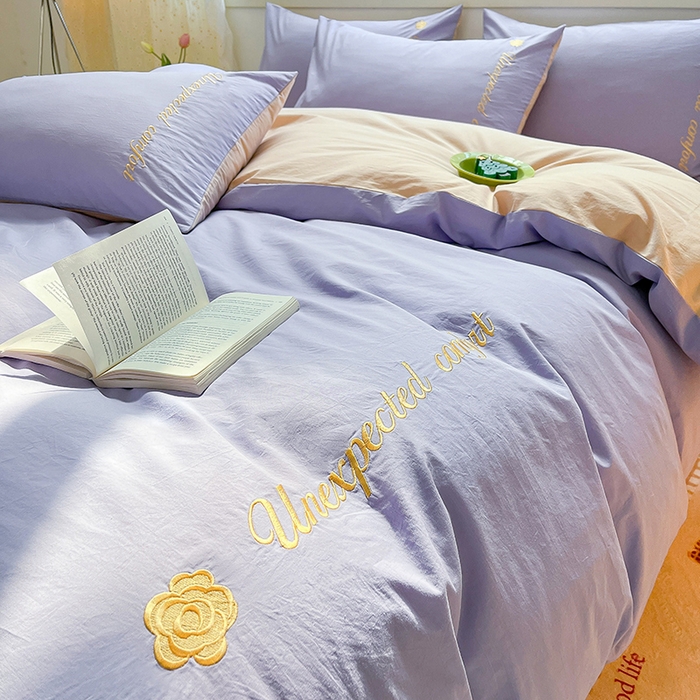 91家纺网 家纺一手货源 找家纺 禧澜庭 2026新款纯棉全棉斜纹四件套刺绣绣花款春小清新三件套-幸运花 幸运花-香芋紫+卡其