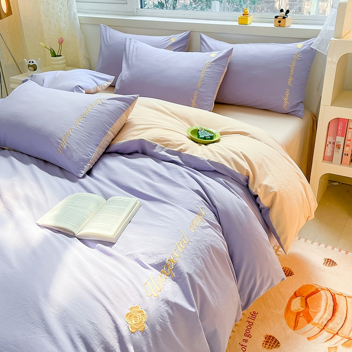 91家纺网 家纺一手货源 找家纺 禧澜庭 2026新款纯棉全棉斜纹四件套刺绣绣花款春小清新三件套-幸运花 幸运花-香芋紫+卡其