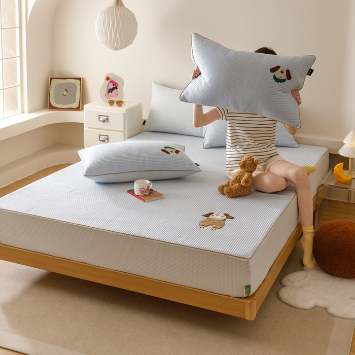 卡姿家纺 2026春夏全棉双层纱床盖式床笠三件套 小狗元宝