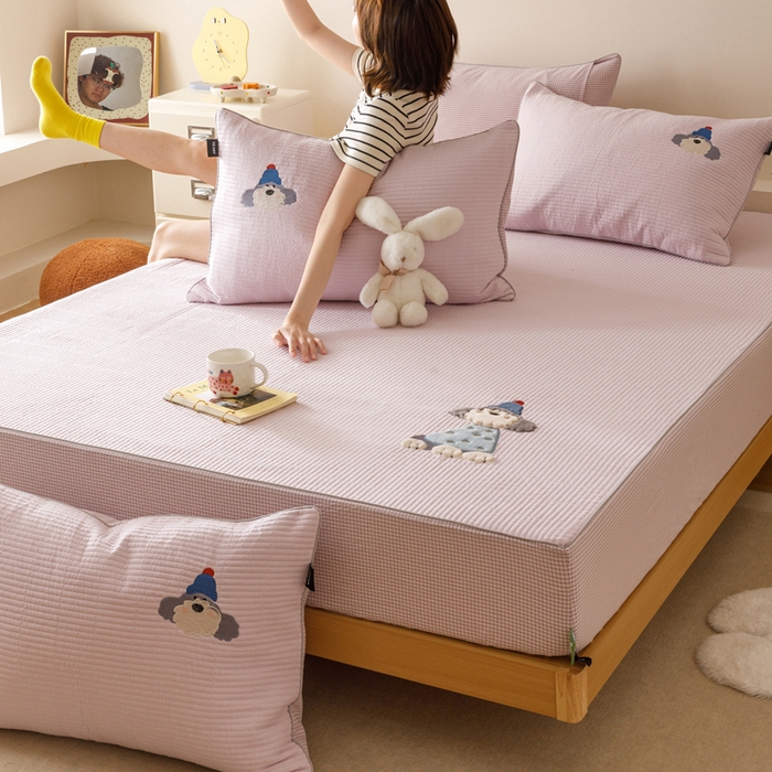 卡姿家纺 2026春夏全棉双层纱床盖式床笠三件套 小狗贝塔