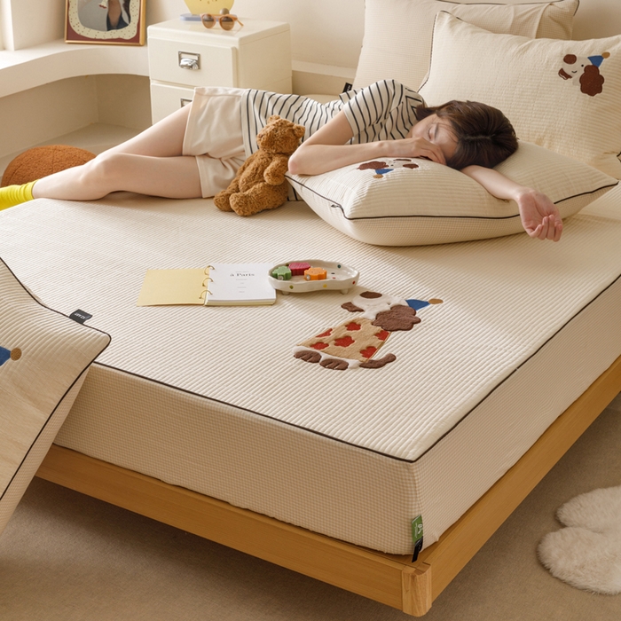 卡姿家纺 2026春夏全棉双层纱床盖式床笠三件套 小狗喜乐