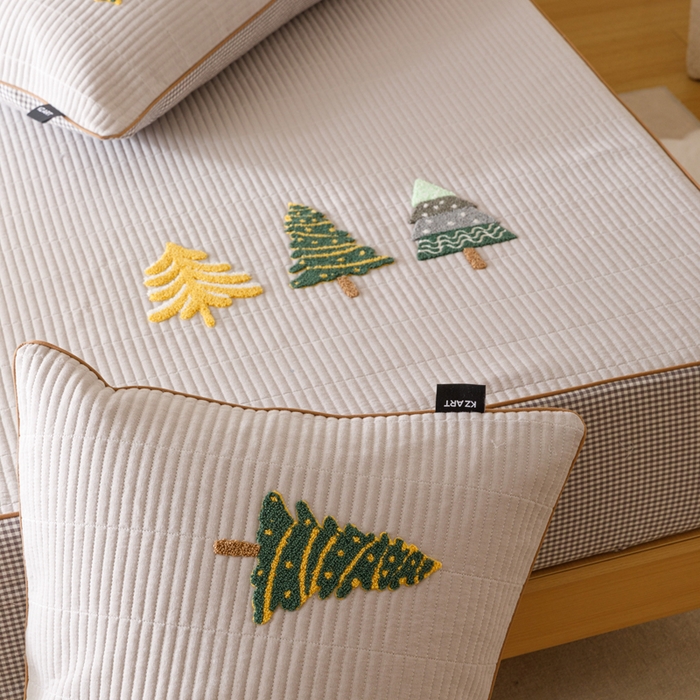 91家纺网 家纺一手货源 找家纺 卡姿家纺 2026春夏全棉双层纱床盖式床笠三件套 圣诞树