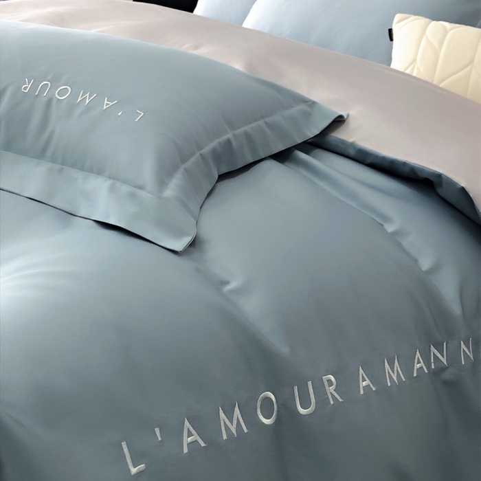 91家纺网 家纺一手货源 找家纺 禧澜庭 2026新款高支纯棉全棉斜纹四件套刺绣绣花款轻奢三件套--简爱系列 莫奈蓝+浅灰