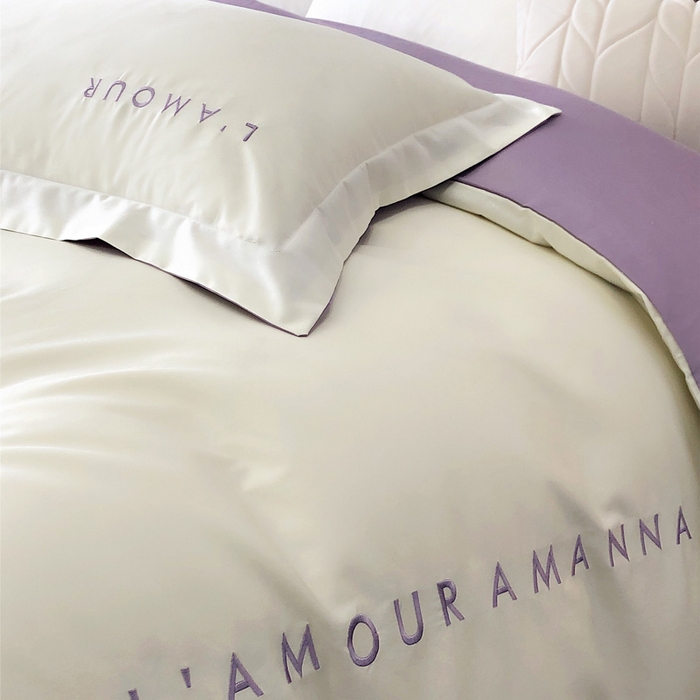 91家纺网 家纺一手货源 找家纺 禧澜庭 2026新款高支纯棉全棉斜纹四件套刺绣绣花款轻奢三件套--简爱系列 贵族白+浅紫