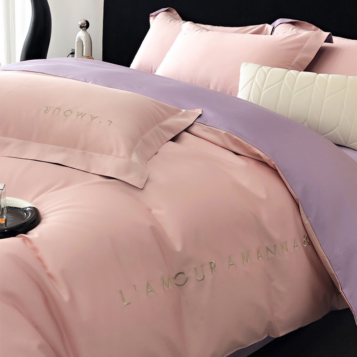 91家纺网 家纺一手货源 找家纺 禧澜庭 2026新款高支纯棉全棉斜纹四件套刺绣绣花款轻奢三件套--简爱系列 芙蓉粉+浅紫