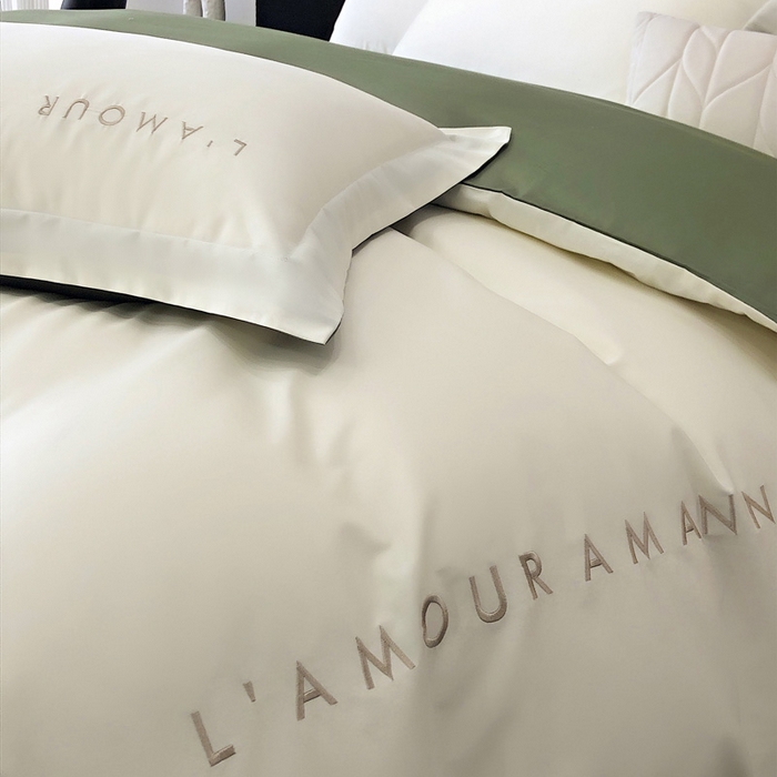 91家纺网 家纺一手货源 找家纺 禧澜庭 2026新款高支纯棉全棉斜纹四件套刺绣绣花款轻奢三件套--简爱系列 贵族白+绿色