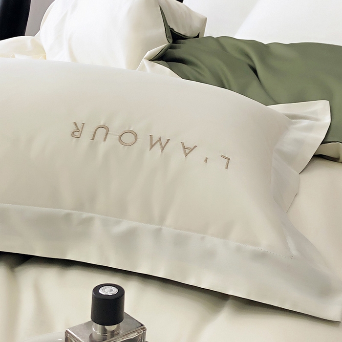 91家纺网 家纺一手货源 找家纺 禧澜庭 2026新款高支纯棉全棉斜纹四件套刺绣绣花款轻奢三件套--简爱系列 贵族白+绿色