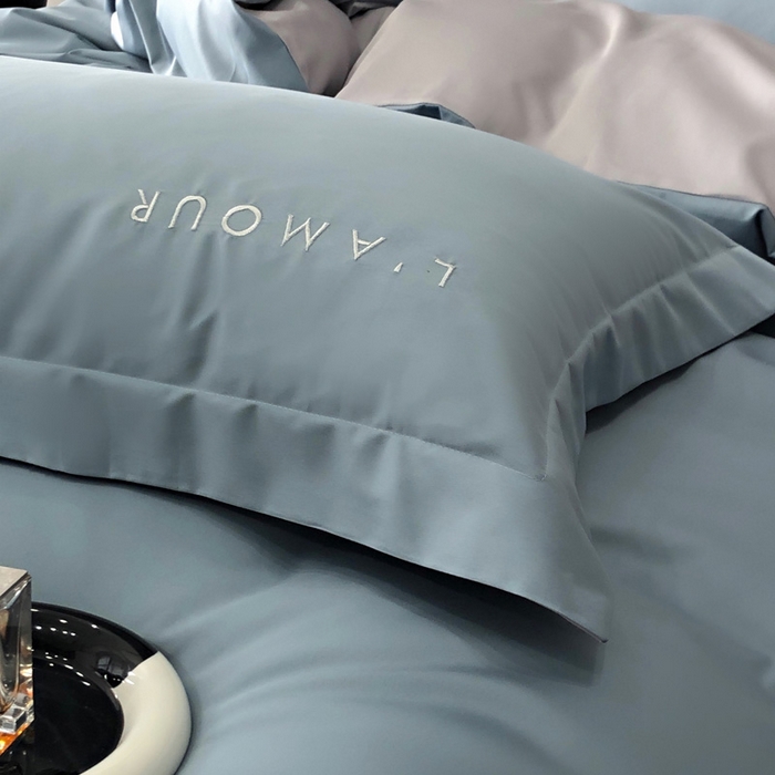 91家纺网 家纺一手货源 找家纺 禧澜庭 2026新款高支纯棉全棉斜纹四件套刺绣绣花款轻奢三件套--简爱系列 莫奈蓝+浅灰