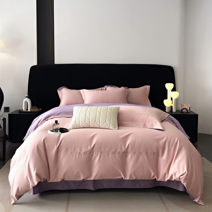 禧澜庭 2026新款高支纯棉全棉斜纹四件套刺绣绣花款轻奢三件套--简爱系列 芙蓉粉+浅紫