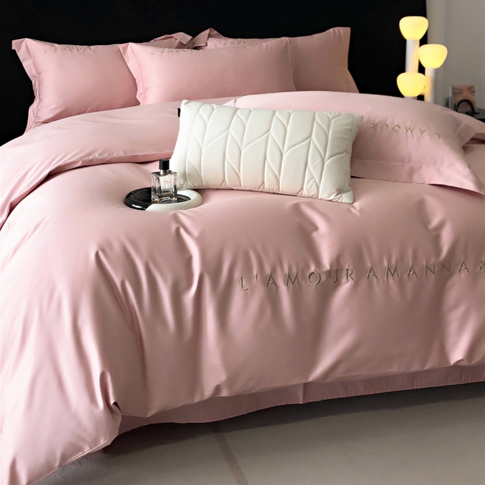 91家纺网 家纺一手货源 找家纺 禧澜庭 2026新款高支纯棉全棉斜纹四件套刺绣绣花款轻奢三件套--简爱系列 芙蓉粉