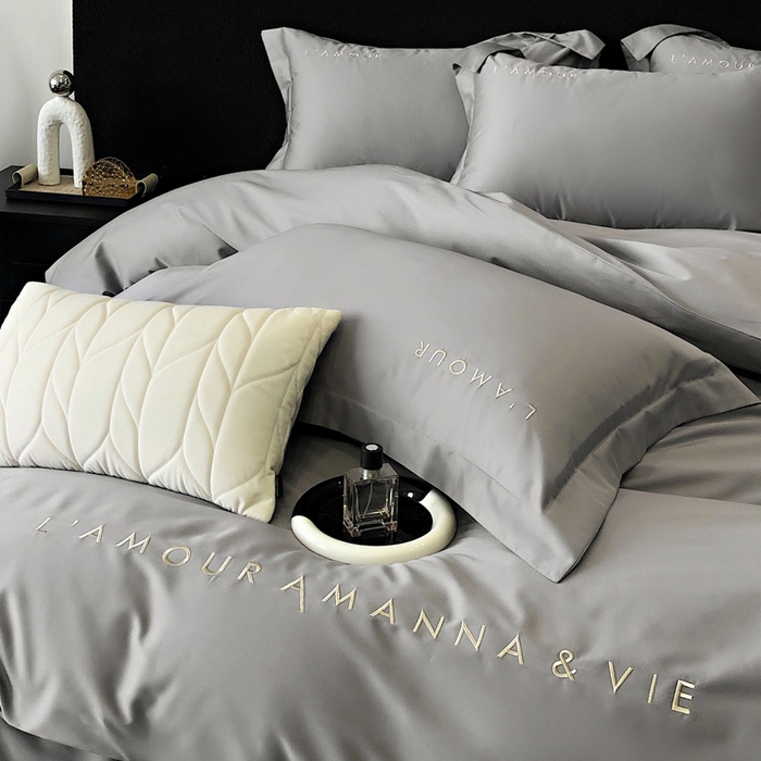 91家纺网 家纺一手货源 找家纺 禧澜庭 2026新款高支纯棉全棉斜纹四件套刺绣绣花款轻奢三件套--简爱系列 典雅灰