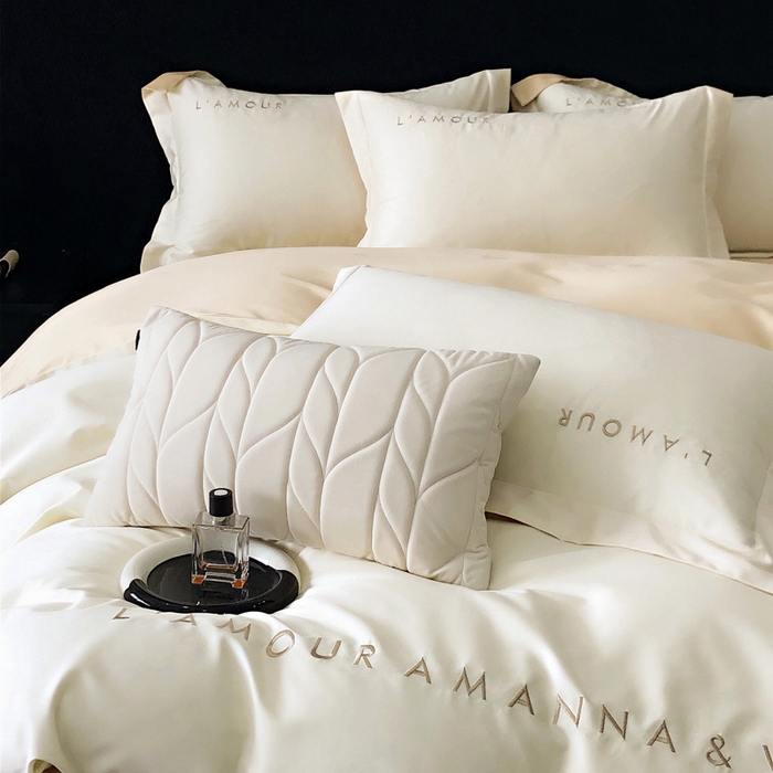 91家纺网 家纺一手货源 找家纺 禧澜庭 2026新款高支纯棉全棉斜纹四件套刺绣绣花款轻奢三件套--简爱系列 贵族白+香槟