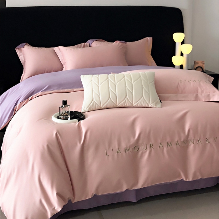 91家纺网 家纺一手货源 找家纺 禧澜庭 2026新款高支纯棉全棉斜纹四件套刺绣绣花款轻奢三件套--简爱系列 芙蓉粉+浅紫