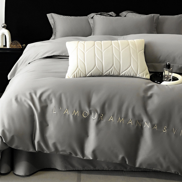 91家纺网 家纺一手货源 找家纺 禧澜庭 2026新款高支纯棉全棉斜纹四件套刺绣绣花款轻奢三件套--简爱系列 典雅灰