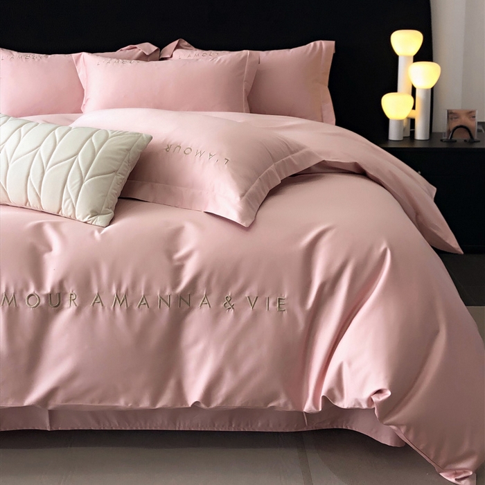 91家纺网 家纺一手货源 找家纺 禧澜庭 2026新款高支纯棉全棉斜纹四件套刺绣绣花款轻奢三件套--简爱系列 芙蓉粉