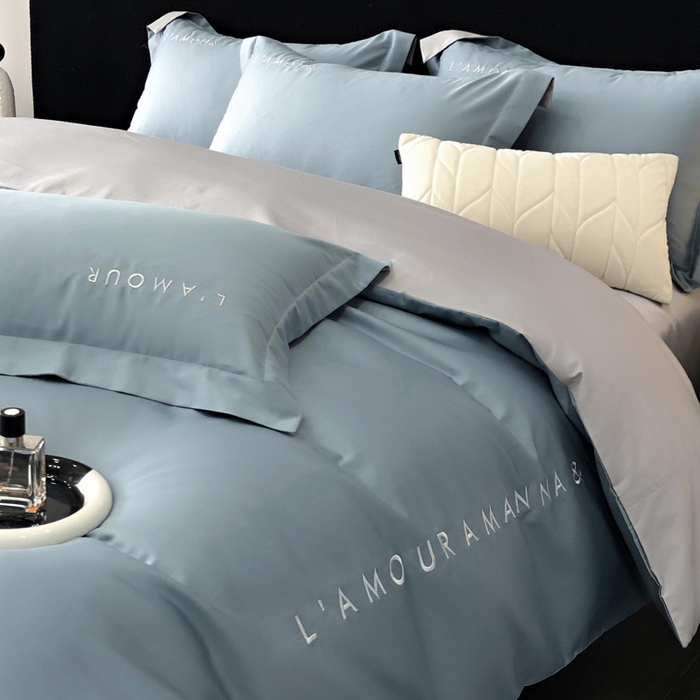 91家纺网 家纺一手货源 找家纺 禧澜庭 2026新款高支纯棉全棉斜纹四件套刺绣绣花款轻奢三件套--简爱系列 莫奈蓝+浅灰