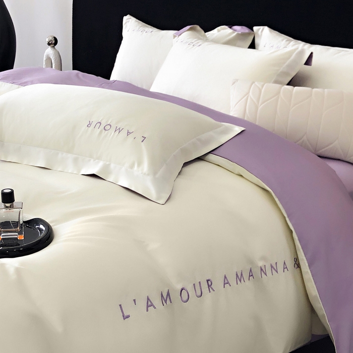 91家纺网 家纺一手货源 找家纺 禧澜庭 2026新款高支纯棉全棉斜纹四件套刺绣绣花款轻奢三件套--简爱系列 贵族白+浅紫