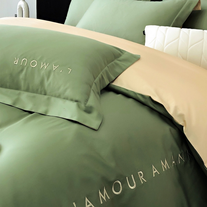 91家纺网 家纺一手货源 找家纺 禧澜庭 2026新款高支纯棉全棉斜纹四件套刺绣绣花款轻奢三件套--简爱系列 拾光绿+香槟