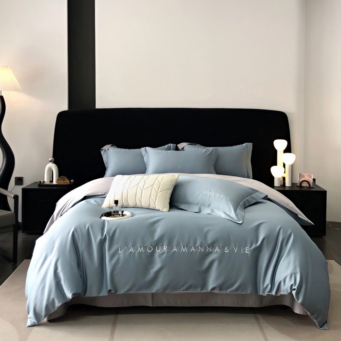 禧澜庭 2026新款高支纯棉全棉斜纹四件套刺绣绣花款轻奢三件套--简爱系列 莫奈蓝+浅灰