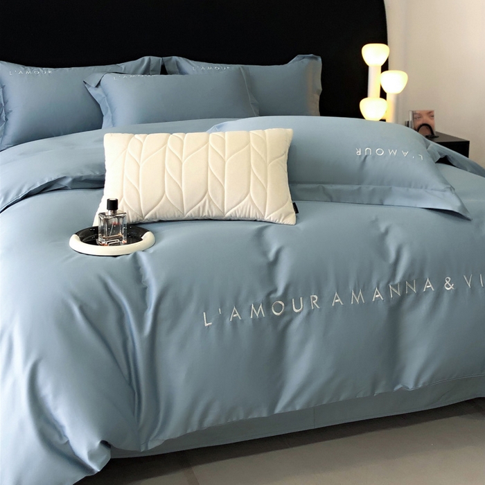 91家纺网 家纺一手货源 找家纺 禧澜庭 2026新款高支纯棉全棉斜纹四件套刺绣绣花款轻奢三件套--简爱系列 莫奈蓝