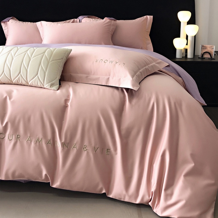 91家纺网 家纺一手货源 找家纺 禧澜庭 2026新款高支纯棉全棉斜纹四件套刺绣绣花款轻奢三件套--简爱系列 芙蓉粉+浅紫