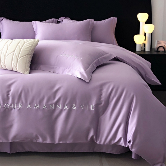 91家纺网 家纺一手货源 找家纺 禧澜庭 2026新款高支纯棉全棉斜纹四件套刺绣绣花款轻奢三件套--简爱系列 星辰紫