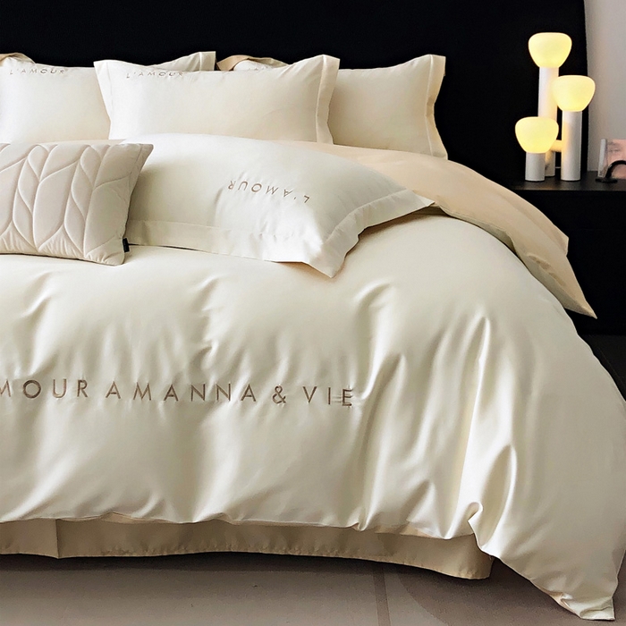 91家纺网 家纺一手货源 找家纺 禧澜庭 2026新款高支纯棉全棉斜纹四件套刺绣绣花款轻奢三件套--简爱系列 贵族白+香槟